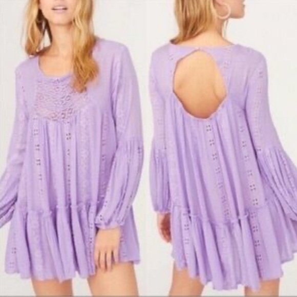 Free People Kiss Kiss Embroidered Purple Amethyst Eyelet Tunic Dress Size Medium - Picture 3 of 15